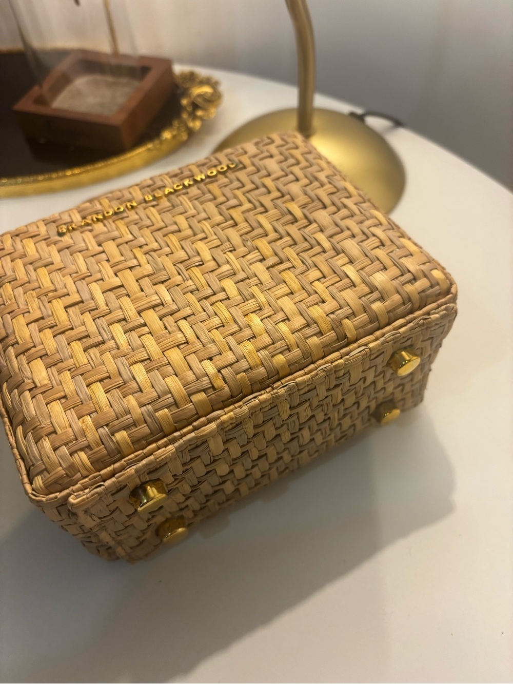 Brandon Blackwood Natural Beige Woven Top-Handle Mini Bag with Gold Hardware - Picture 6 of 7